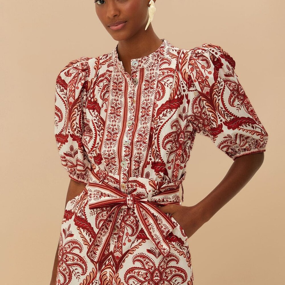 Farm Rio Printed Romper | Red & White Botanical Paisley